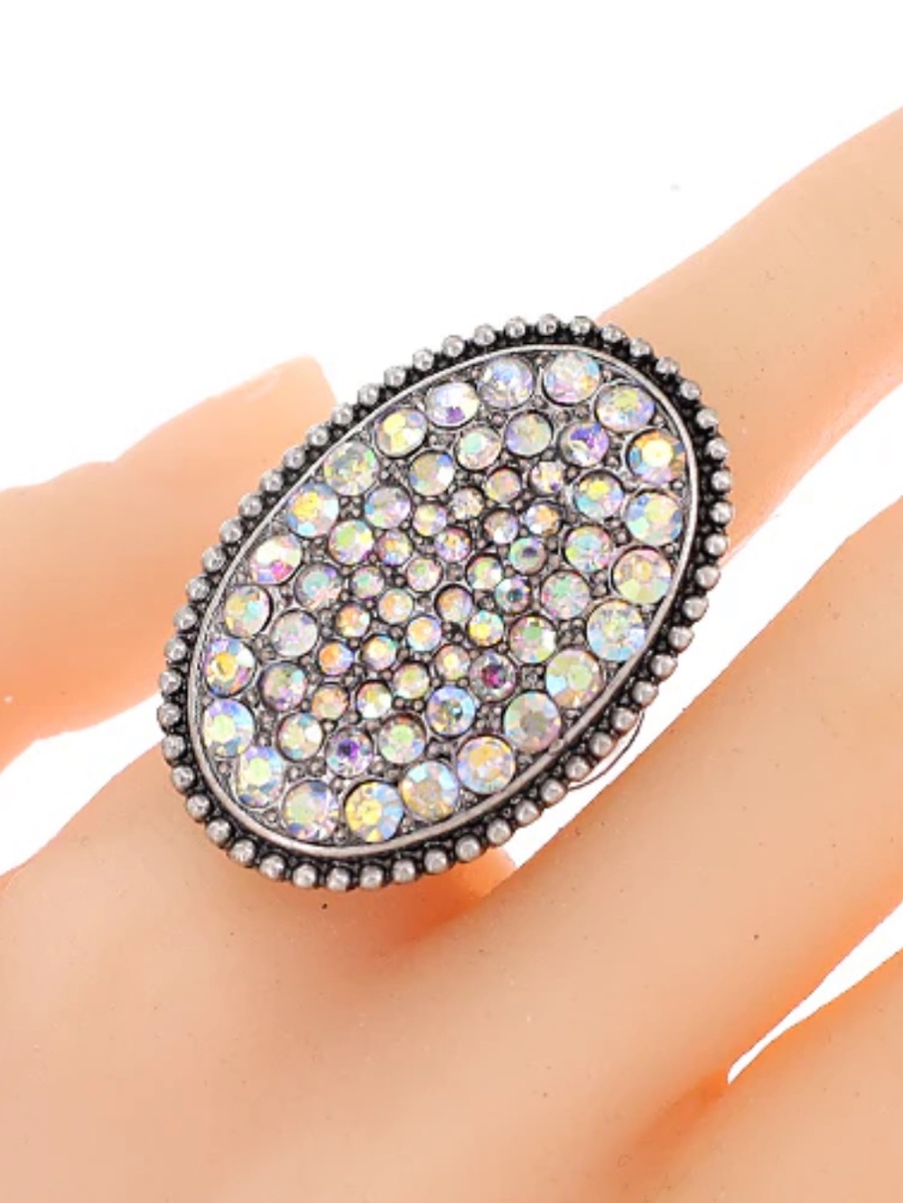 NWT Jillian Michaels silver-tone stretch ring w/iridescent rhinestones!